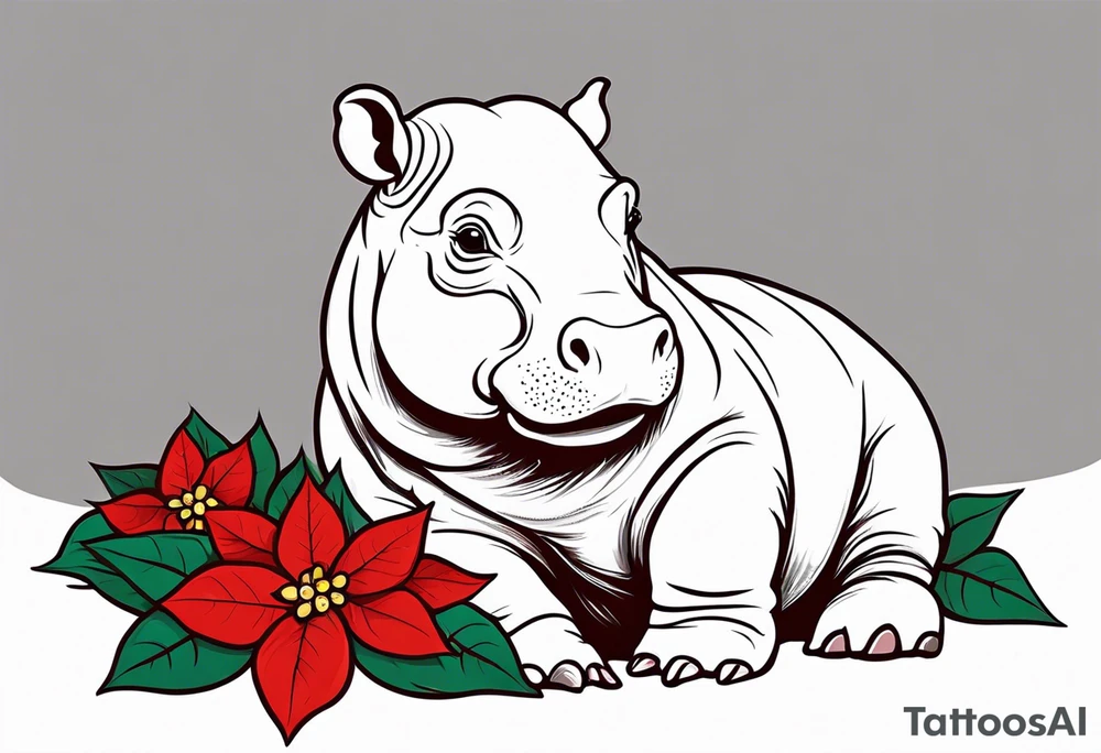 Baby hippo with poinsettia tattoo idea