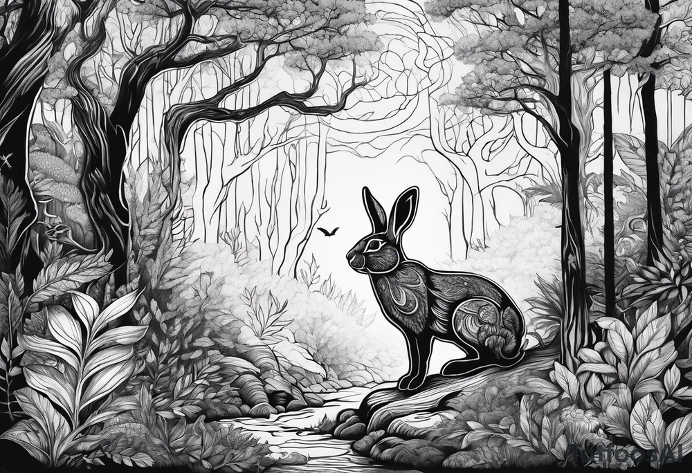 Dense forest with a rabbit between the trees tattoo idea