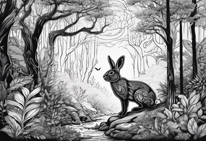 Dense forest with a rabbit between the trees tattoo idea