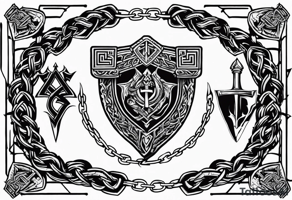 Valhalla sword shield dragon axe Valknut barbed wire chains tattoo idea Valhalla sword shield dragon axe Valknut barbed wire chains tattoo idea