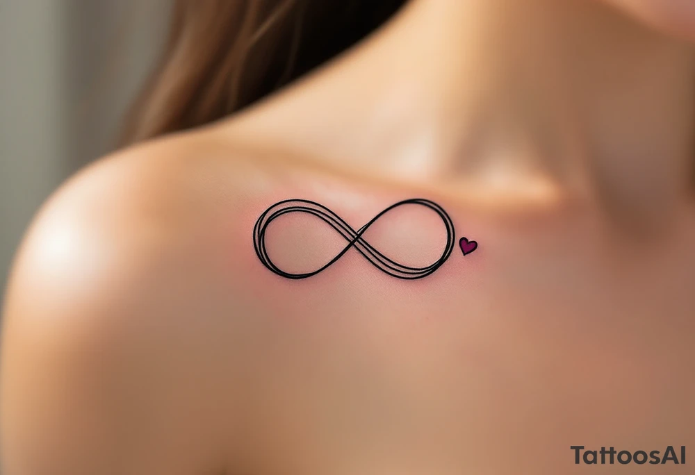 A geometric infinity loop with thin black lines and a tiny magenta heart hidden in the corner. tattoo idea
