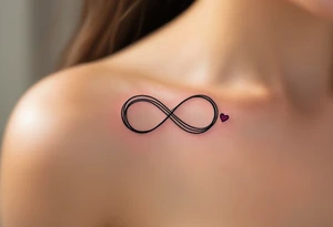 A geometric infinity loop with thin black lines and a tiny magenta heart hidden in the corner. tattoo idea