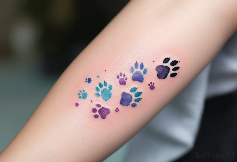 Watercolor Paw Trail – Soft, flowing paw prints in watercolor shades of lavender, teal, and sky blue fading into one another, symbolizing a free-spirited feline soul. tattoo idea