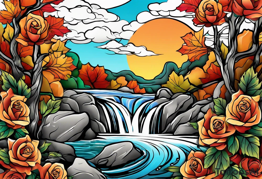 thigh tattoo in fall colors, showing, water flow, rocks, sky, clouds, leaves, roses tattoo idea