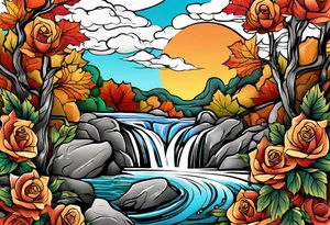 thigh tattoo in fall colors, showing, water flow, rocks, sky, clouds, leaves, roses tattoo idea