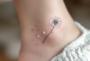 Dandelion puff rendered in soft white over pale gray shading, floating into barely-there seed trails on the ankle. tattoo idea