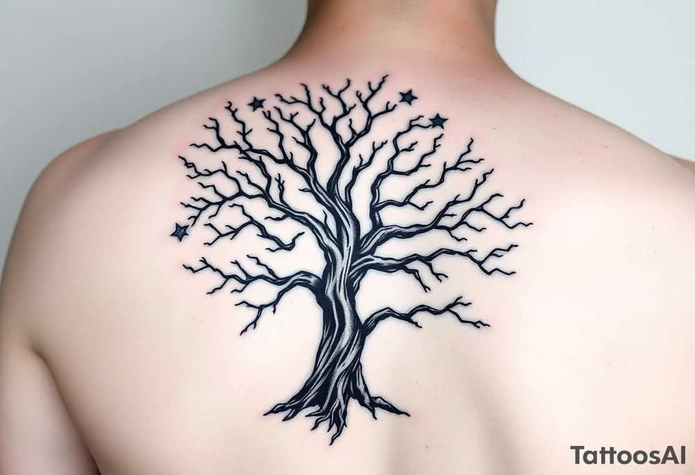 Flowing asymmetrical symbolic tree quarter sleeve on shoulder. Bold and simple branches that do not look realistic. Tree of gondor with seven stars tattoo idea