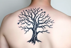 Flowing asymmetrical symbolic tree quarter sleeve on shoulder. Bold and simple branches that do not look realistic. Tree of gondor with seven stars tattoo idea
