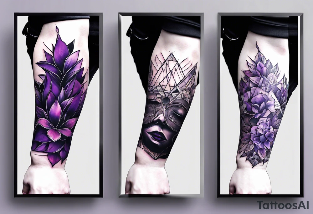 lines around wrist, abstract, black and purple, covered from wrist to forearm, fully covered, no borders, blackwork, no faces tattoo idea