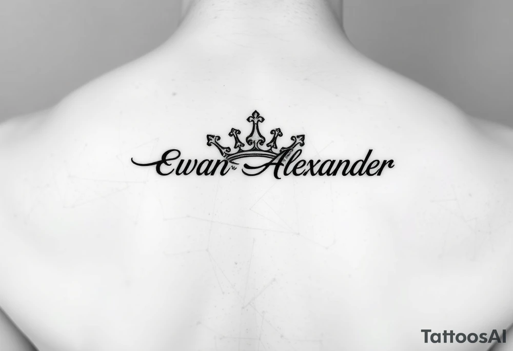 Name tattoo that says Evan Alexander with a crown on forearm tattoo idea