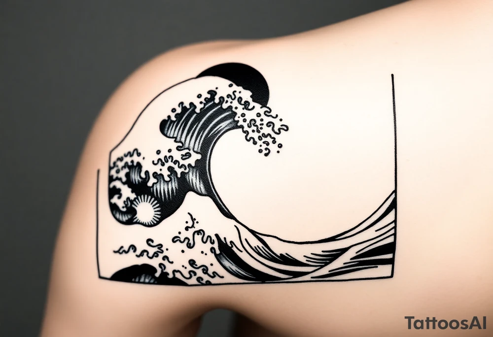 Black and white tattoo design in a vertical rectangular frame, sized to fit the upper arm. Inside the border, feature a dramatic Hokusai-style wave as the central focus, with intricate detailing and texture. Include expressive water droplets around the crest and spray of the wave, similar to traditional Japanese woodblock prints. In the top right or left corner, place a solid black or partially shaded sun for contrast. Use black ink thoughtfully—avoid overly large solid black areas; instead, emphasize fine linework and layered shading to give the piece depth without overwhelming the composition. The overall aesthetic should be bold yet elegant, with a clean, framed silhouette suitable for a modern tattoo. tattoo idea