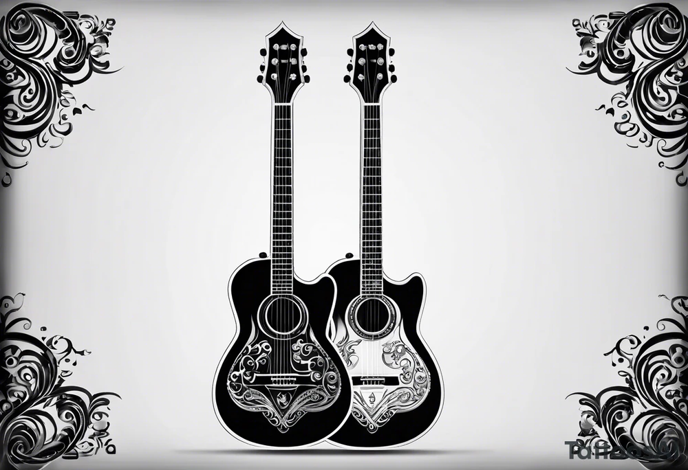 A minimalist guitar design, small in size, with clean lines and vintage detailing. The guitar represents a deep connection to music, with a classic, understated design that captures its essence without embellishments. tattoo idea