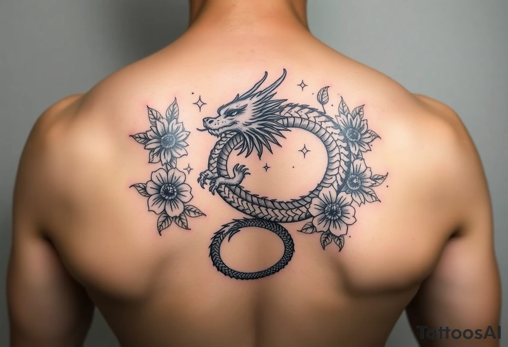 feminine dragon with floral design around it tattoo idea