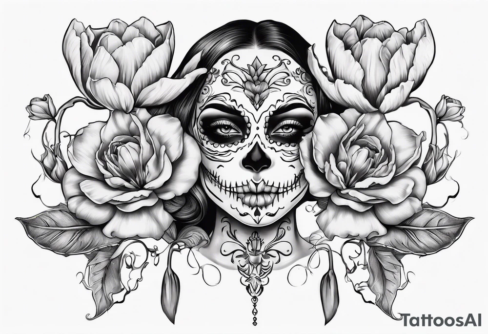 Catrina head with tulip in mouth tattoo idea