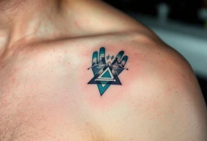 Geometric 19.07.2005 in dark teal ink, with triangles and lines subtly framing the digits. tattoo idea