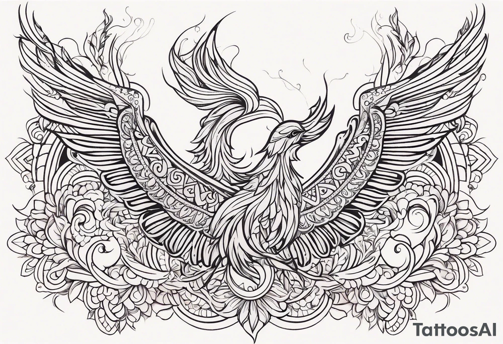 Tribal bohemian feminine impowering Phoenix rising with smoke, mandala sun, floral, lace background tattoo idea