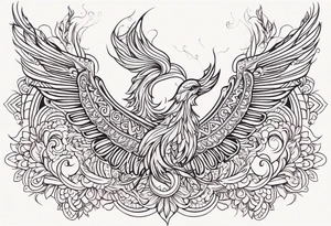 Tribal bohemian feminine impowering Phoenix rising with smoke, mandala sun, floral, lace background tattoo idea