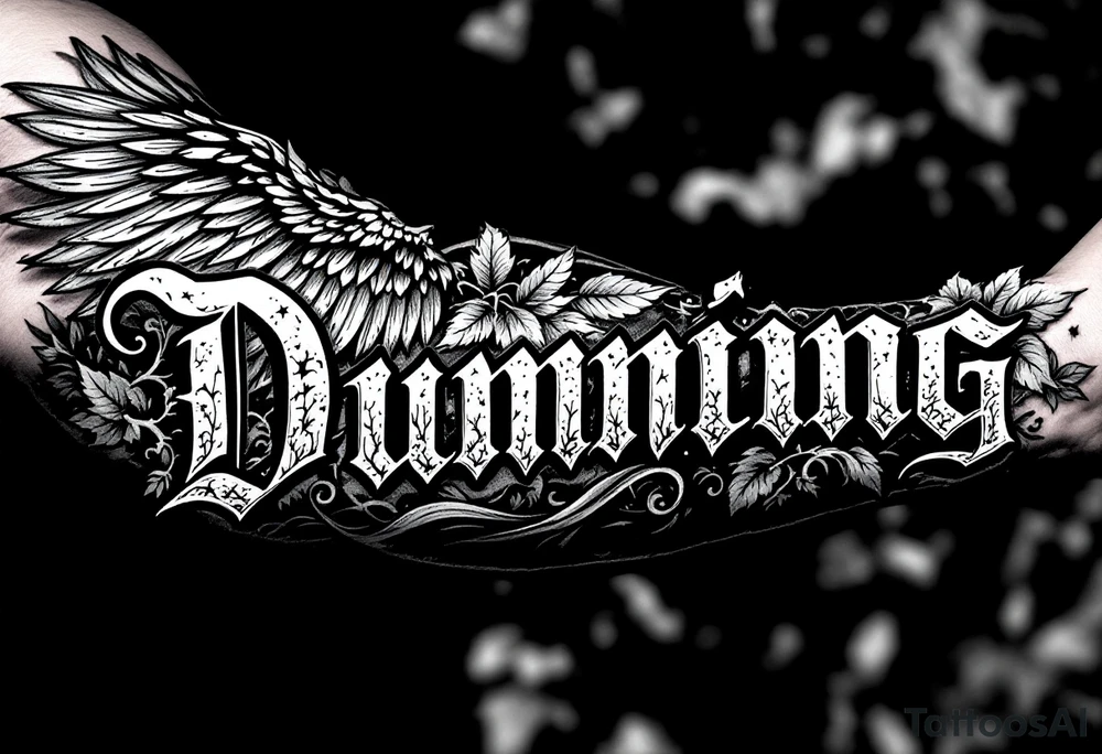 Dunning,on left arm details include angel wing, greek type of font,jungle leaves , tiger claw scratch tattoo idea