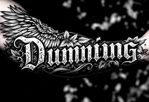 Dunning,on left arm details include angel wing, greek type of font,jungle leaves , tiger claw scratch tattoo idea