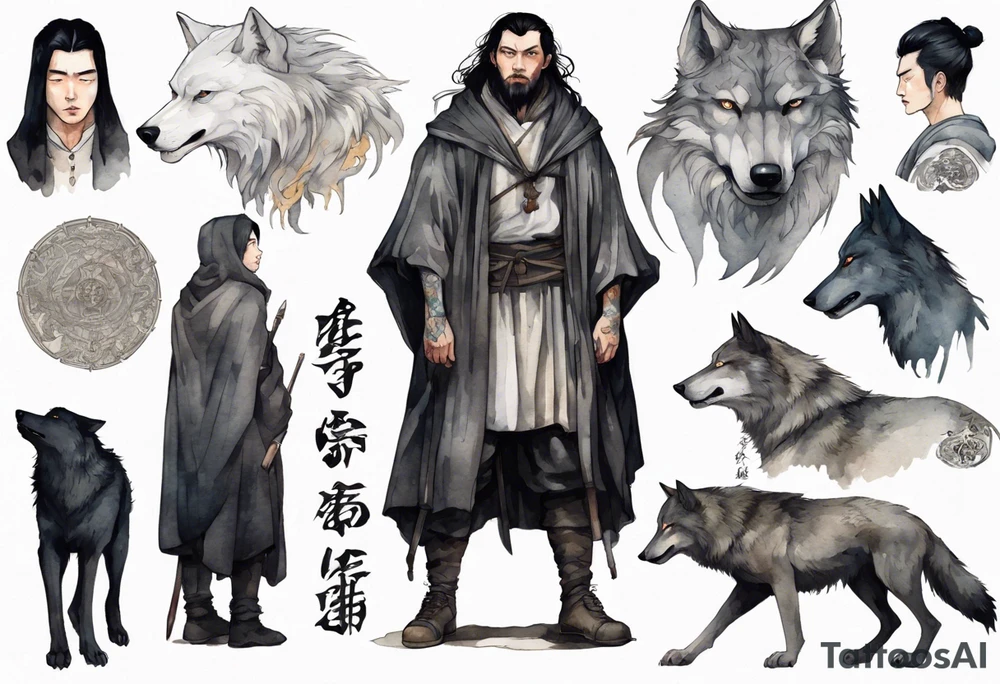 a gaunt medieval man with black hair, white eyes, and a black cloak standing beside a massive grey wolf tattoo idea