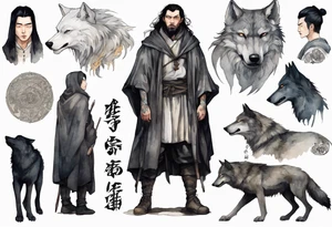 a gaunt medieval man with black hair, white eyes, and a black cloak standing beside a massive grey wolf tattoo idea