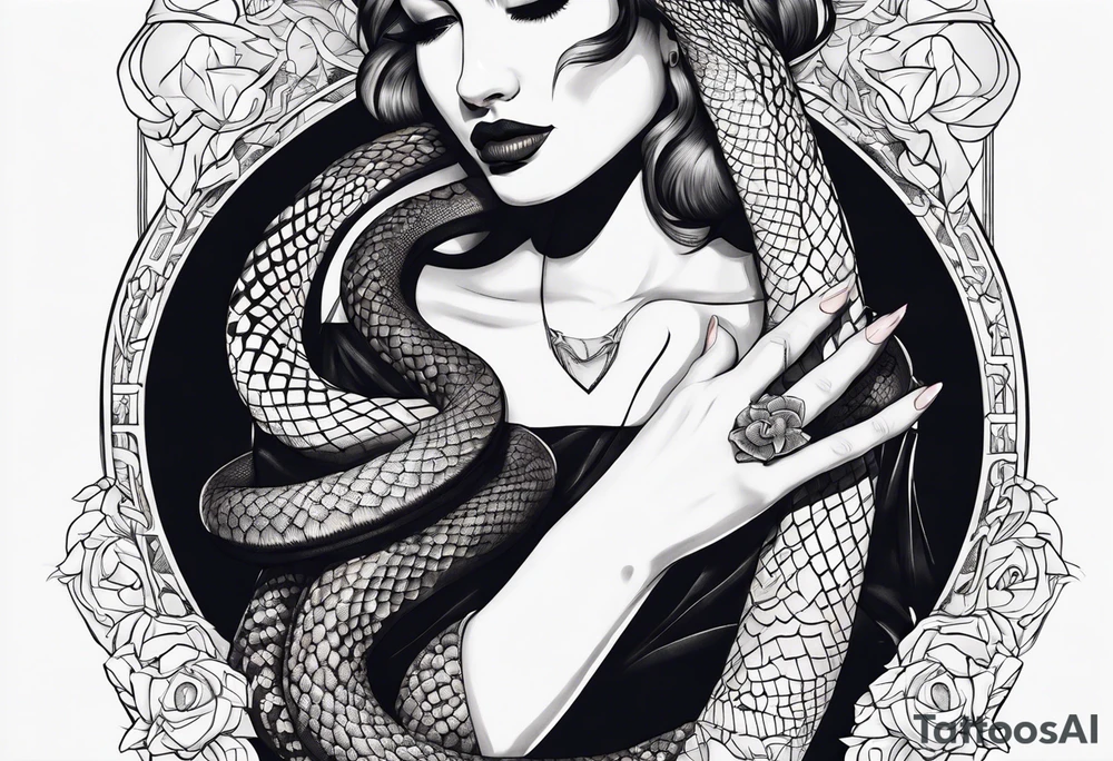 A streched out feminine hand that holds a snake tattoo idea