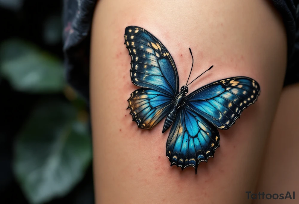 A realistic butterfly landing on the skin, with lifelike texture in electric blue, black, and golden highlights, appearing as if it could fly away. tattoo idea