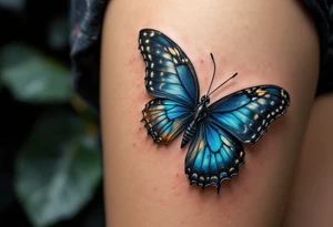 A realistic butterfly landing on the skin, with lifelike texture in electric blue, black, and golden highlights, appearing as if it could fly away. tattoo idea