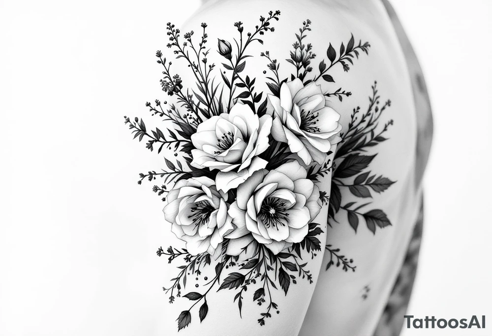 vintage bouquet of wild roses and meadow flowers with morning dew tattoo idea
