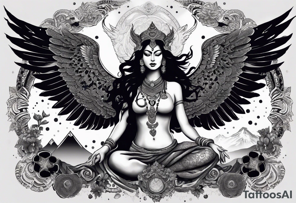 black kali, goddess pirate, alien, angel, pachamama, valkrye, warrior, flying, skull, lotus azul, wing, eagle, zenza resonance, stars, 5D, anahata chakra, death, durga, riding on a tiger, flying lady, kundalini, chest tatoo, samuri, rebel, serpent tattoo idea