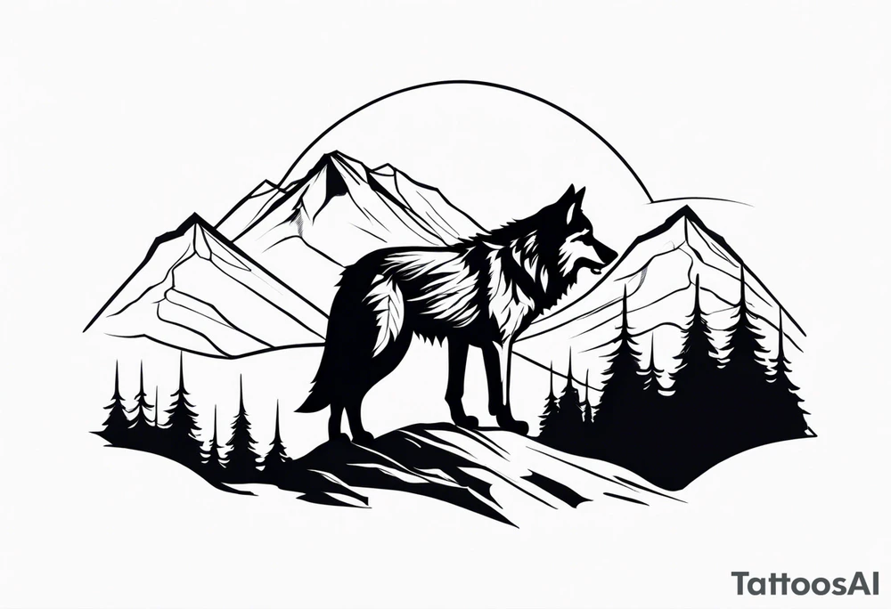 A lone wolf in front of a mountain range tattoo idea