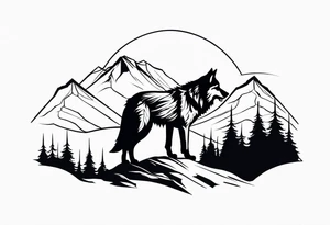 A lone wolf in front of a mountain range tattoo idea