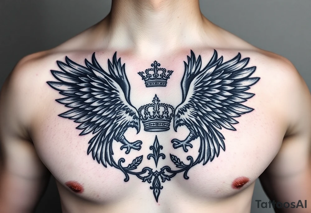 Chest tattoo,powerful two polish symetricals majestic darks eagles, surrounded by lure ornaments , between eagles a crown tattoo idea
