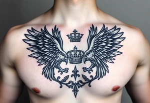 Chest tattoo,powerful two polish symetricals majestic darks eagles, surrounded by lure ornaments , between eagles a crown tattoo idea