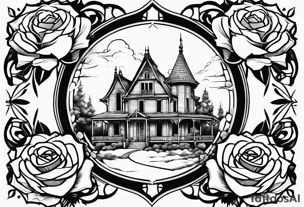 fool sleeve,, abandoned old gotic house, broken sword, roses, tattoo idea