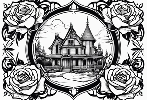 fool sleeve,, abandoned old gotic house, broken sword, roses, tattoo idea