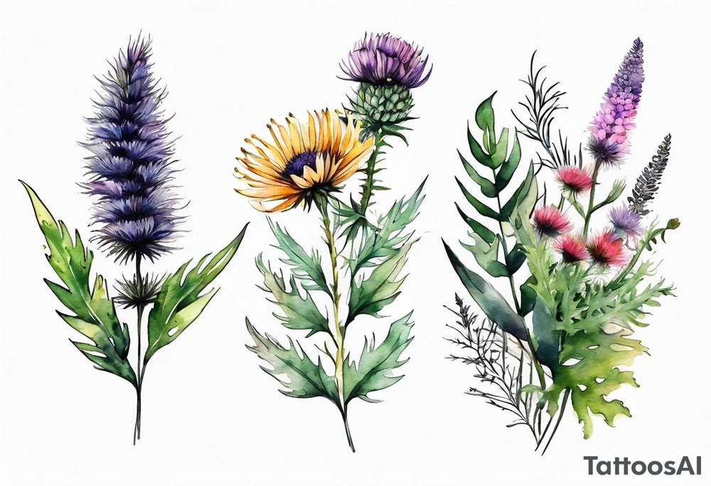 vertical mixed wildflower bouquet with ferns, thistle and with watercolor tattoo idea