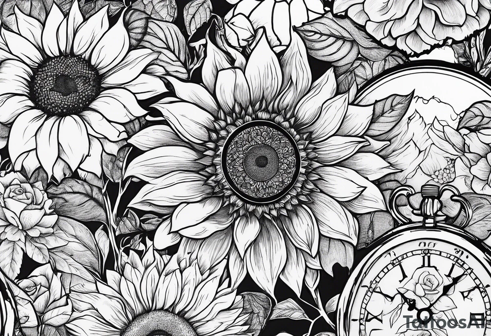 Sunflower, roses, witchy, 3 pocket watches, celestial, music, self care tattoo idea