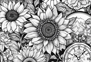 Sunflower, roses, witchy, 3 pocket watches, celestial, music, self care tattoo idea