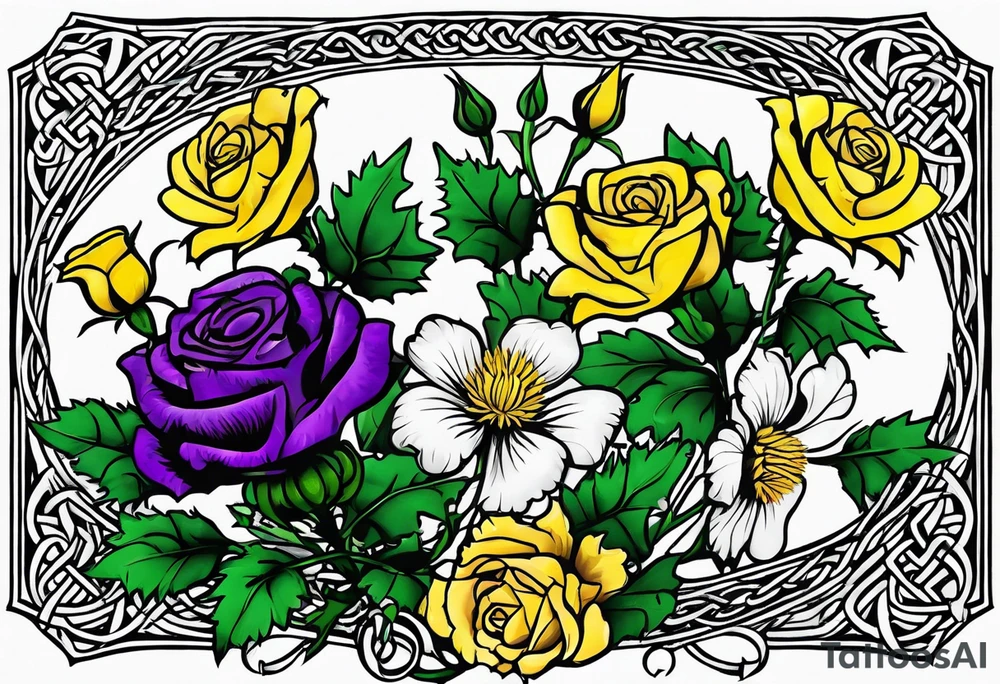 Purple thistle, yellow rose and shamrock with stems intertwined spelling KND in celtic lettering tattoo idea