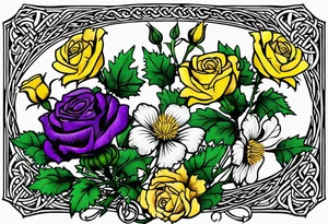 Purple thistle, yellow rose and shamrock with stems intertwined spelling KND in celtic lettering tattoo idea