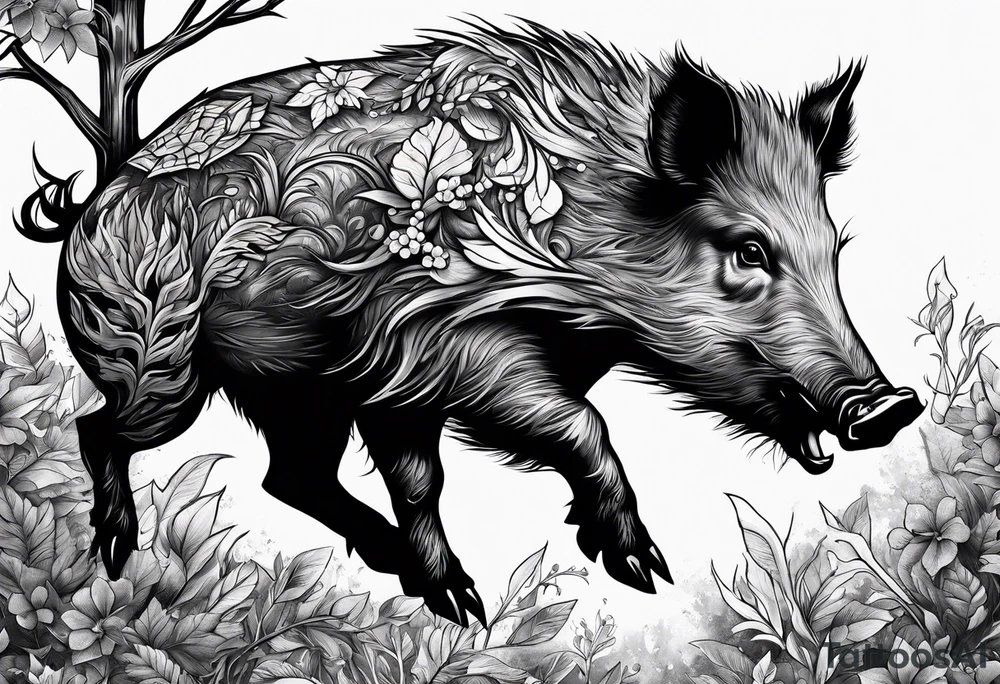 angry wild boar emerging from a tree
lots of foliage
on the wrist tattoo idea