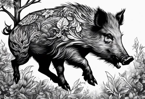 angry wild boar emerging from a tree
lots of foliage
on the wrist tattoo idea