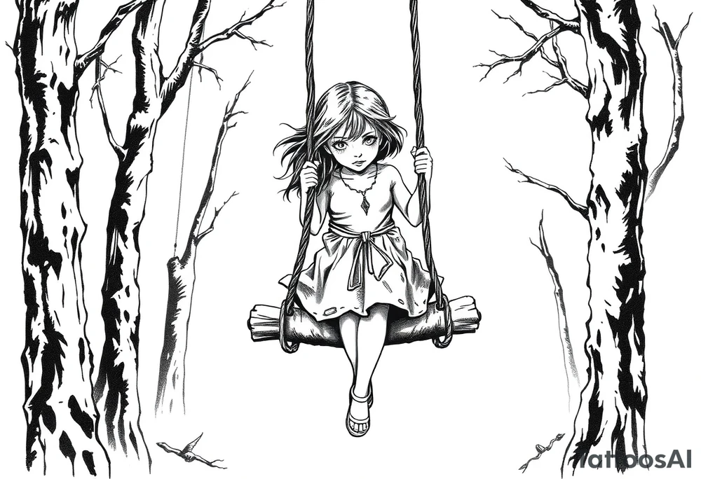 creepy grudge style little girl in the woods on a rope swing tattoo idea