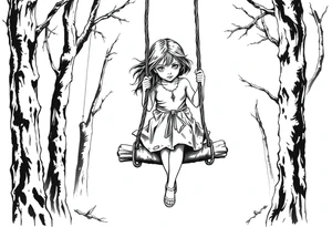 creepy grudge style little girl in the woods on a rope swing tattoo idea