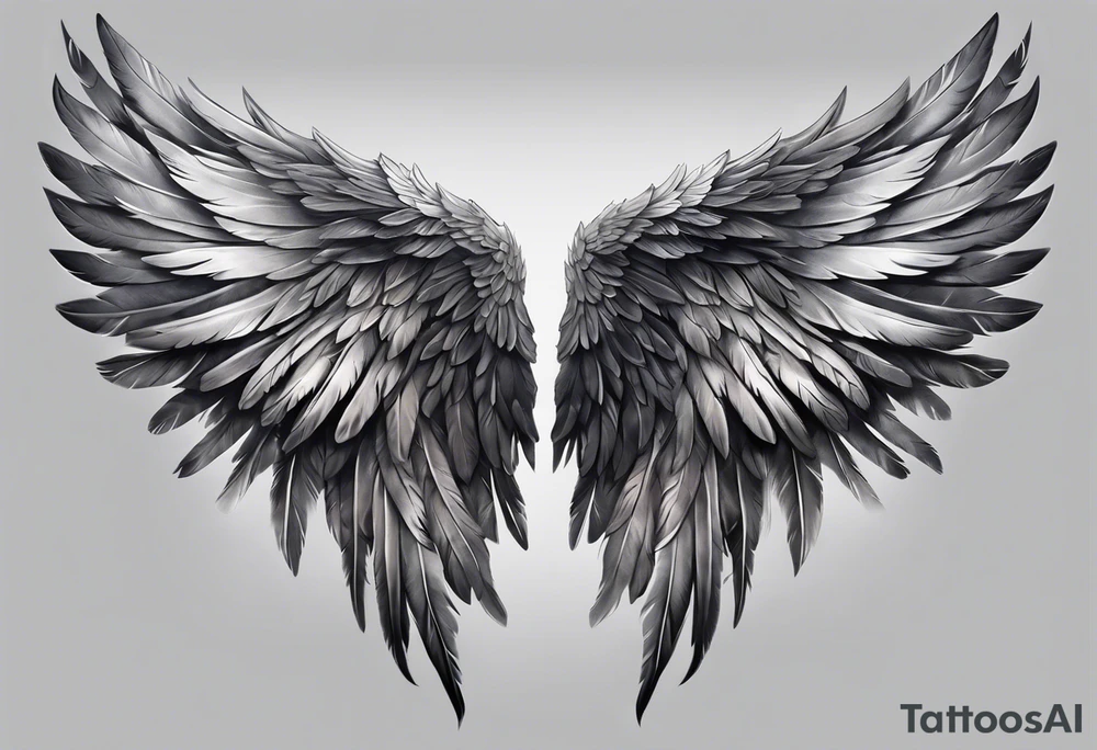 Realistic angel wings extending from the shoulders, covering the upper arms and upper back. The feathers are intricately detailed, with soft shading in black and gray to create depth and texture. The wings gently converge in the middle of the back, forming a harmonious and cohesive design. tattoo idea