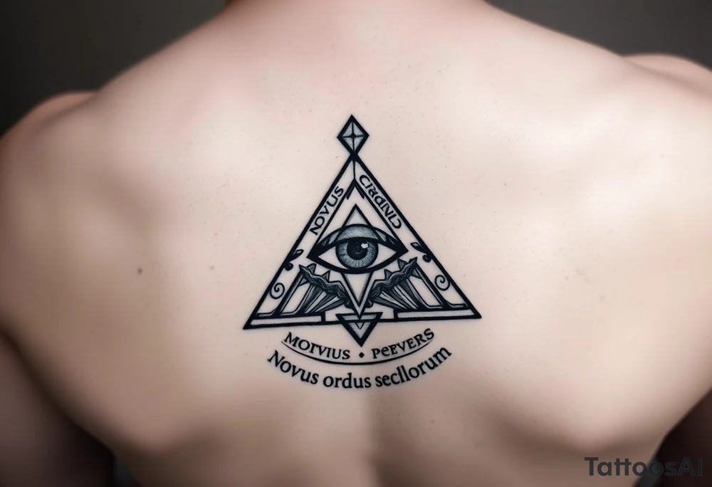 Pyramid with eye in the center, diamond on the top,surrounded by words - novus ordum seclorum tattoo idea