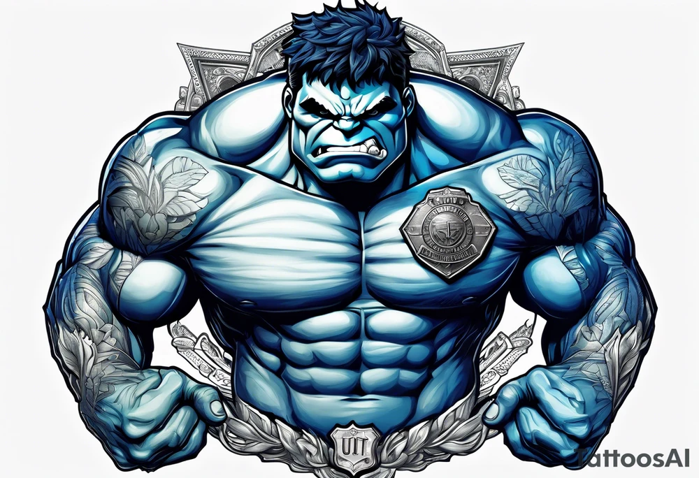 The hulk wearing a dark blue police shirt with a silver badge on the left chest tattoo idea