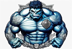 The hulk wearing a dark blue police shirt with a silver badge on the left chest tattoo idea