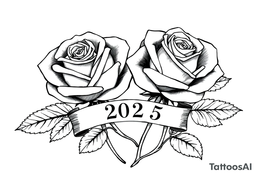 two beautiful large rose buds, one larger than the other, with lots and lots of leaves next to the rose buds, with one sitting slightly higher than the other, side-by-side.  Include a banner connecting the two roses with the year 2025 on it.   Use dark outlines with little shading. Remove all stems from the roses. tattoo idea